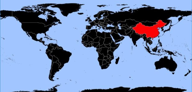 China on a map of the world