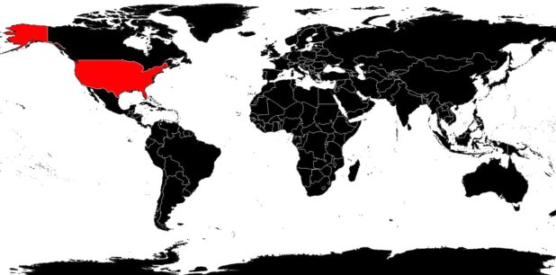 USA (United States) on a map of the world