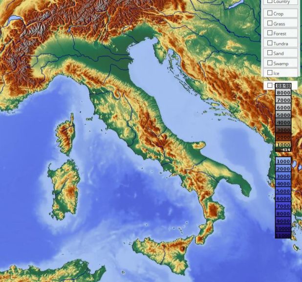 Map of Italy's relief