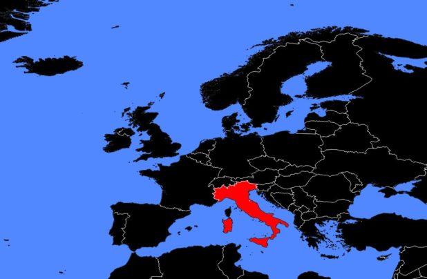 Italy on a map of Europe