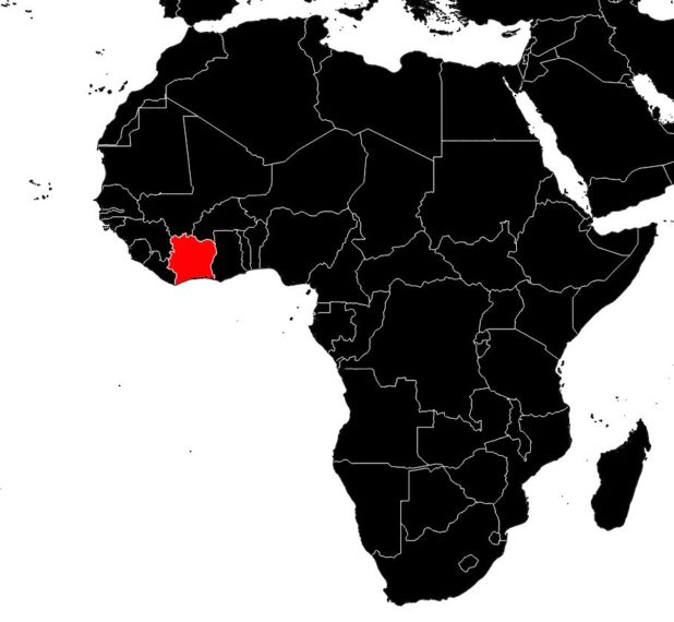 Ivory Coast on a map of Africa