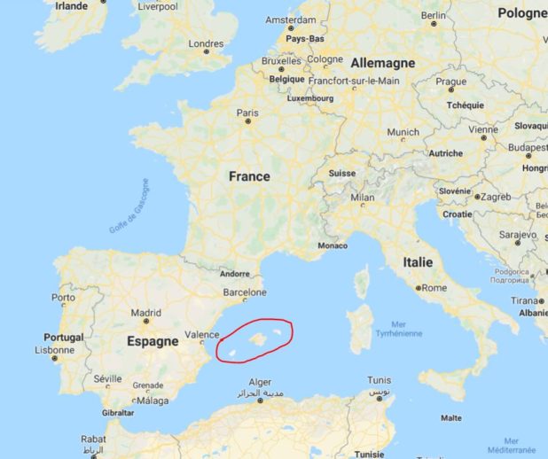 The Balearic Islands on a map of Europe